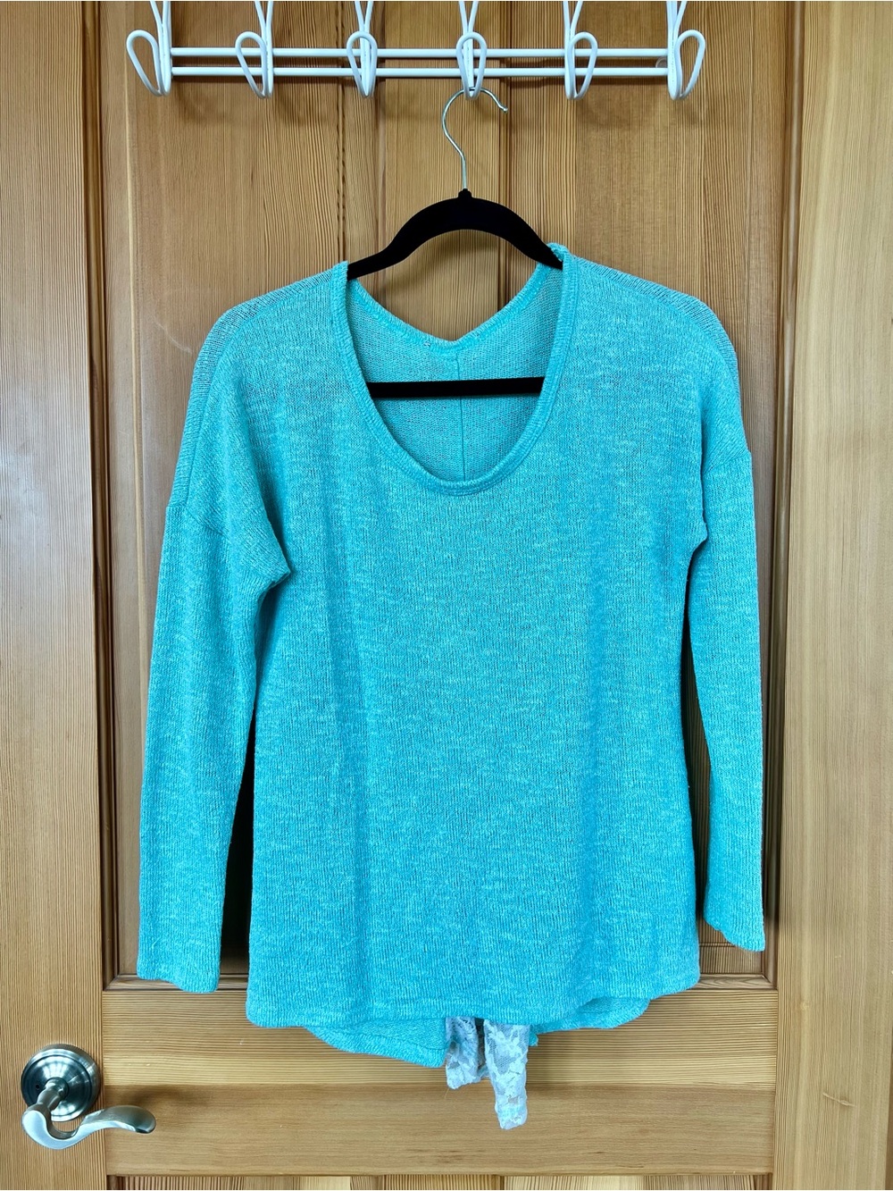 Light Teal Blue Scoop Neck Knit Women’s Sweater with Back Lace & Buttons